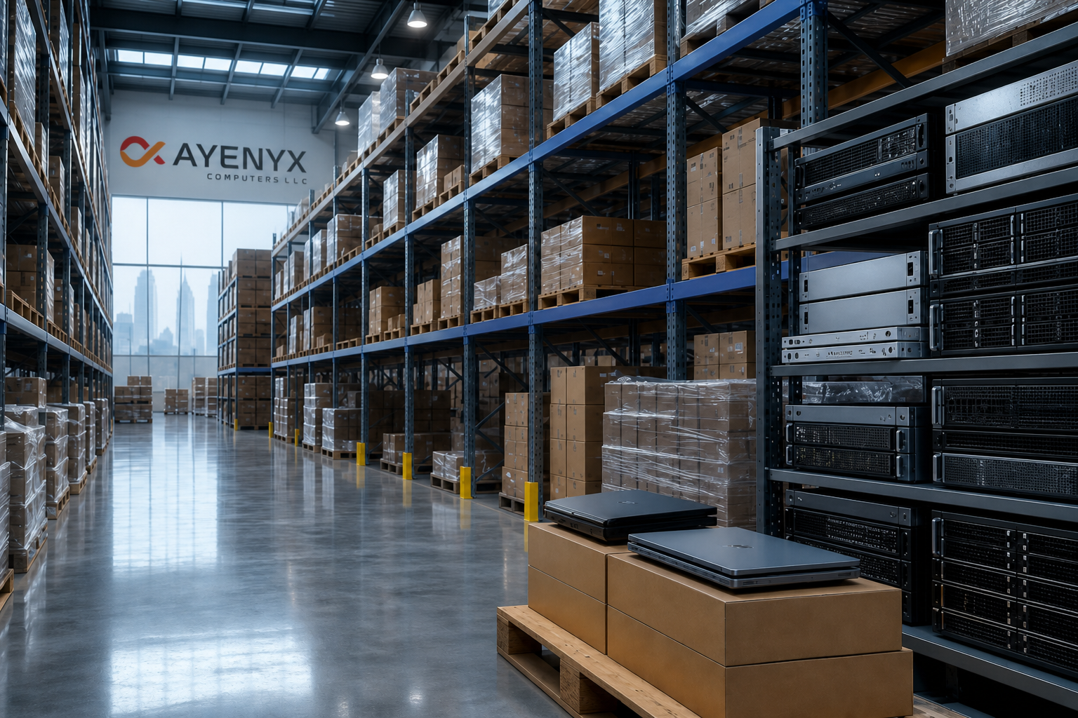 Ayenyx Computers LLC Dubai warehouse with boxed IT hardware ready for wholesale trade